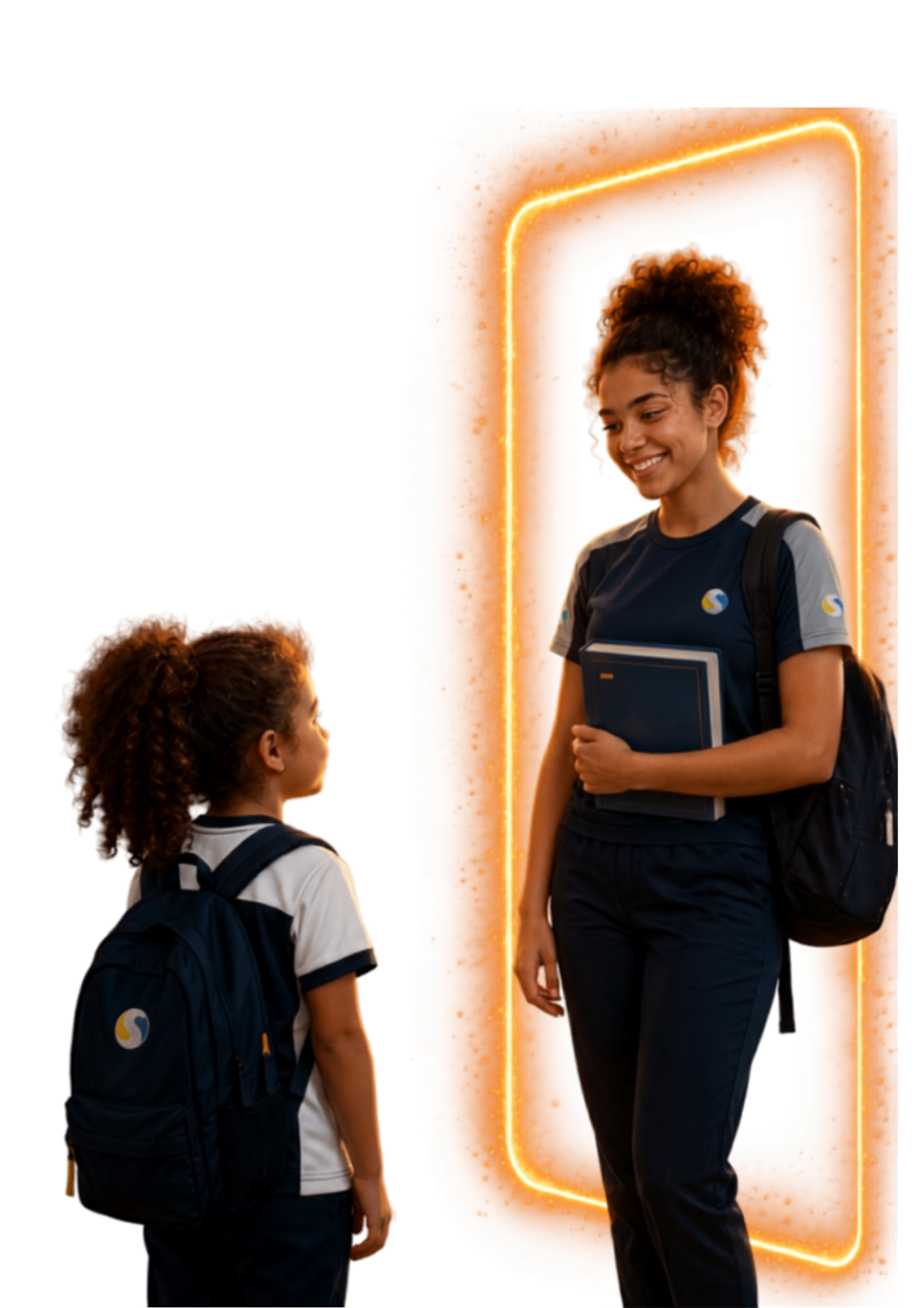 Aluna do Ensino Médio do Colégio Status atravessando um portal dourado, observada por uma criança do Infantil — a jornada do aluno